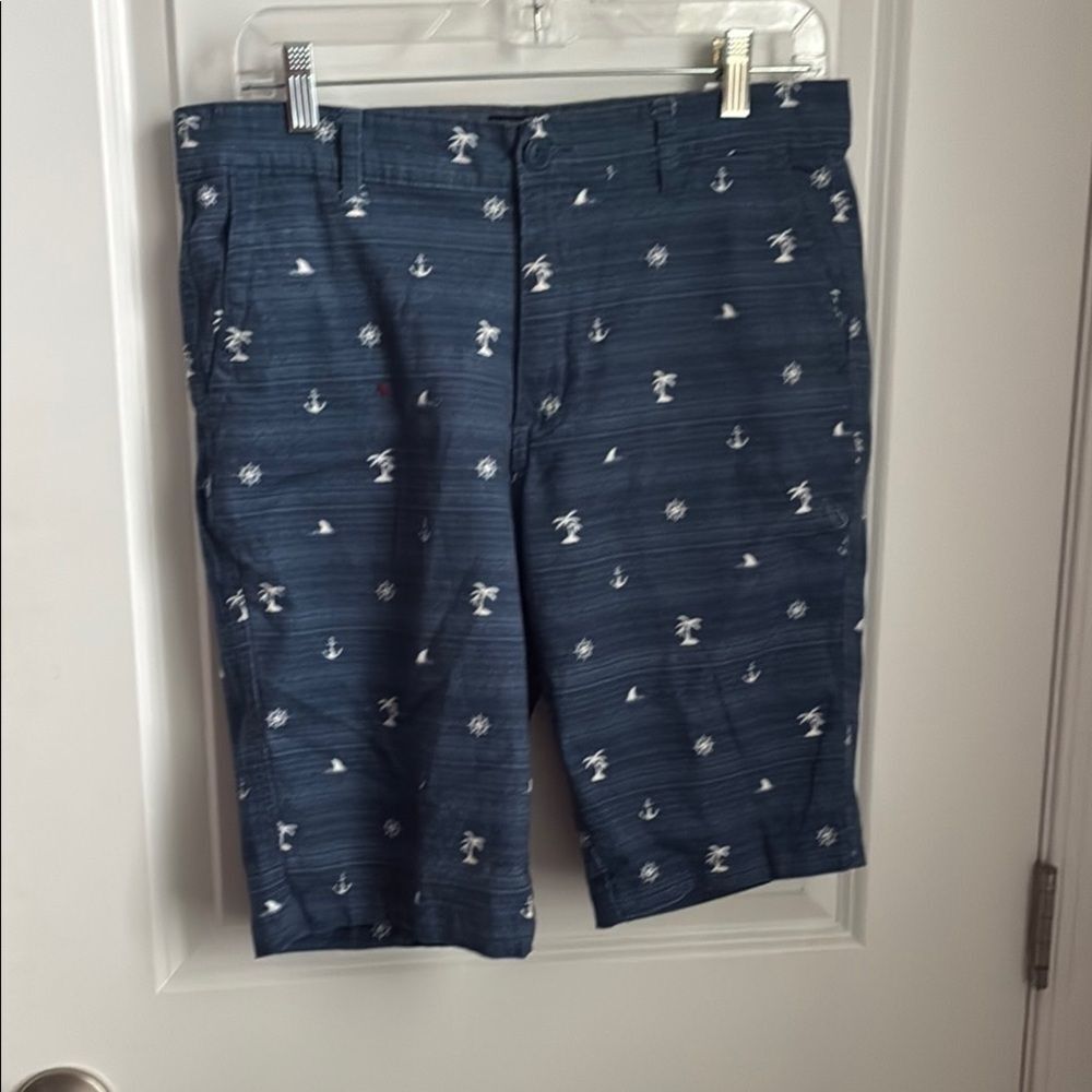 Blue and White Cargo Shorts with Celestial Pattern